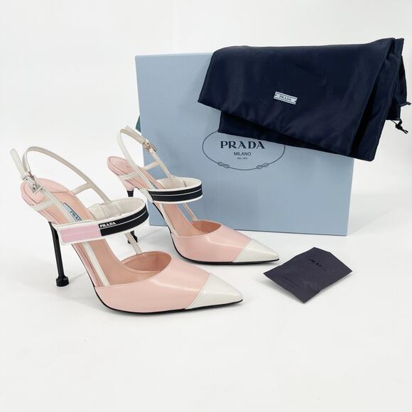 Prada Pink White Brushed Leather Logo Strap Slingback Cap Toe Heels IT 40 - Picture 1 of 16